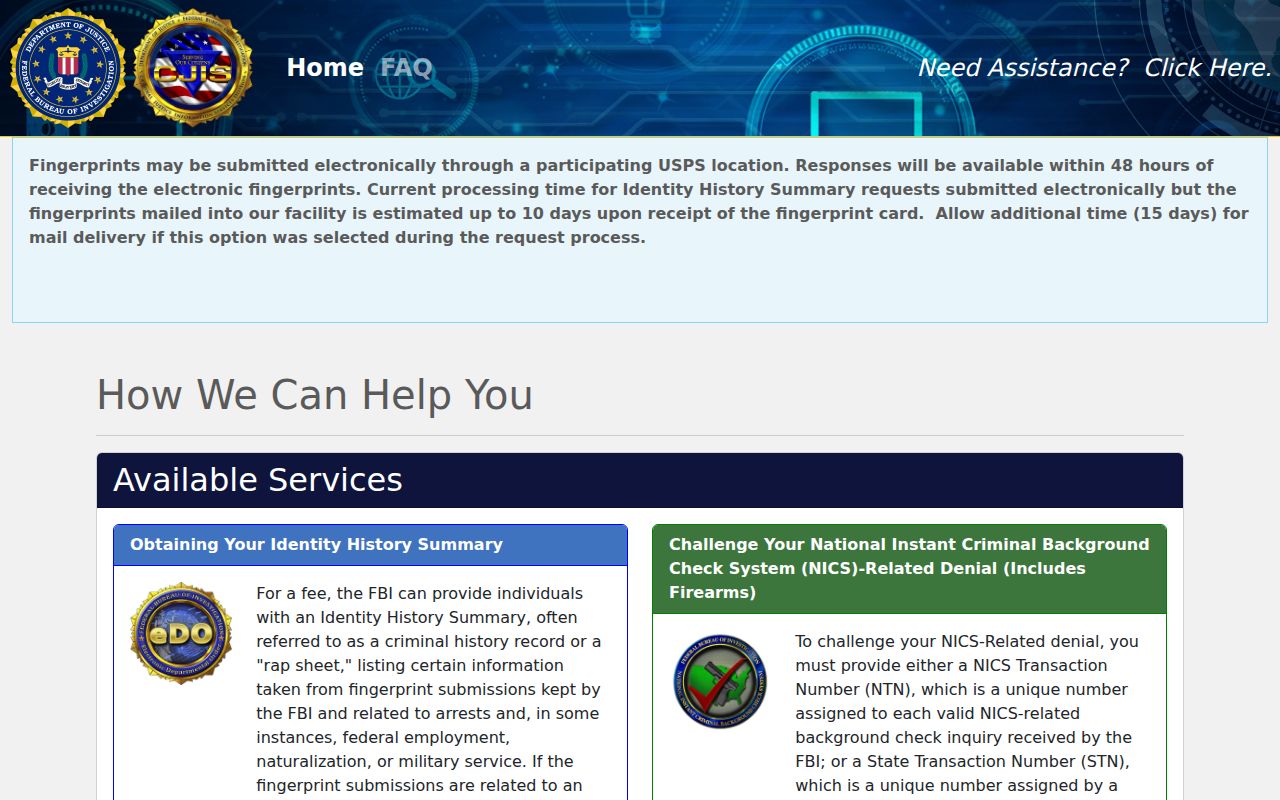 FBI Identity History Summary electronic order screen