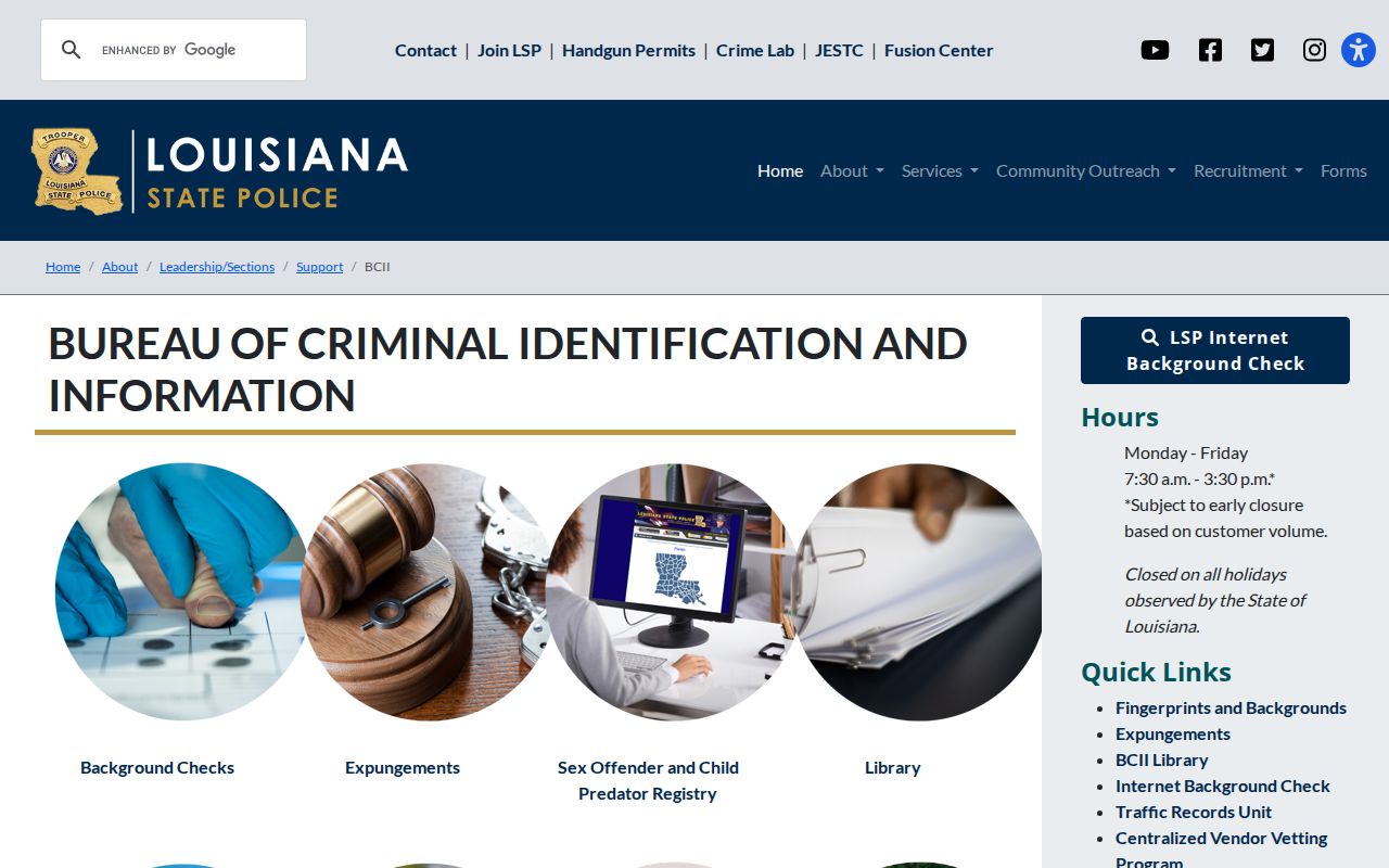 Louisiana State Police BCII criminal history services for Jackson Parish